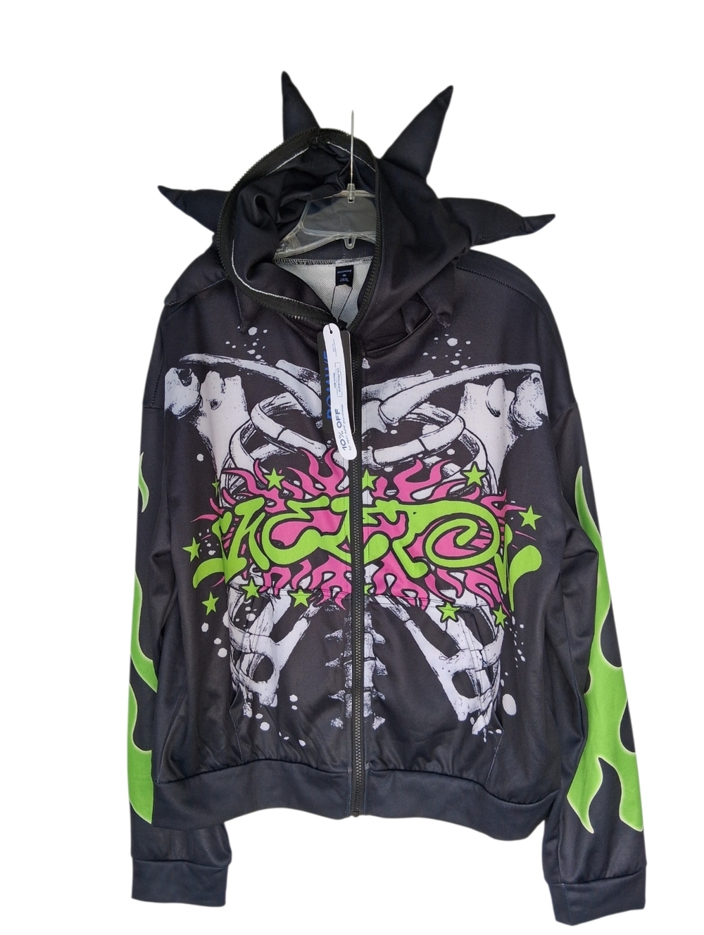 Romwe Black Spike Hooded Full Zip-Up Jacket Skeleton Graphic Print Men's Size S - Picture 1 of 10